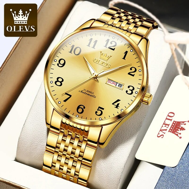男性用olevs防水メカニカル腕時計、ステンレス鋼腕時計、週日付、ビジネスファッション、ゴールド