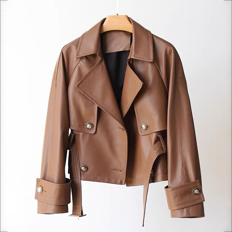 Genuine leather jacket, spring  new casual small fragrance, high-end short style, double breasted leather jacket, outerwear