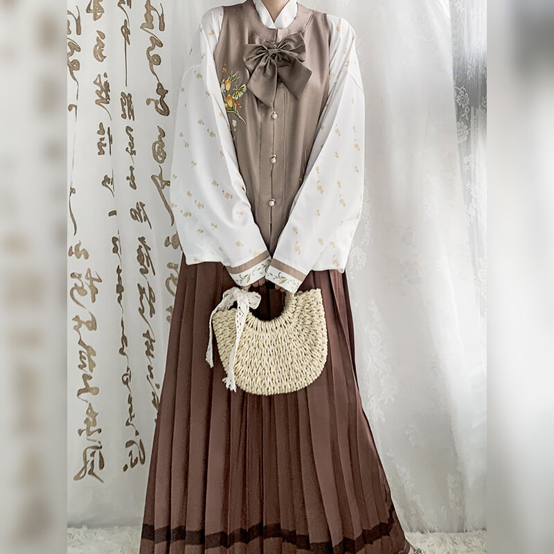 Вышитая гарнитура династии Мин, с круглым вырезом, ханьские элементы, стандартная плиссированная юбка, галстук-бабочка