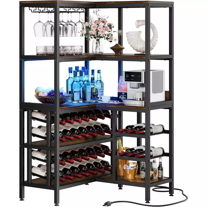 63'' Corner Bar Cabinet With Power Outlet and LED Light Mobile Bar Accessories Home Bars Large Corner Wine Rack Whiskey Display