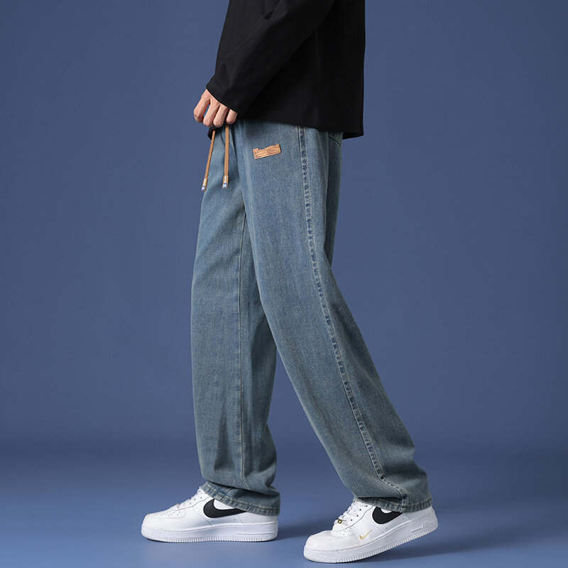Jeans folgados na moda coreana masculina, elástico na cintura, clássico, reto, perna larga, calça jeans, jeans casual masculino, streetwear, 2022