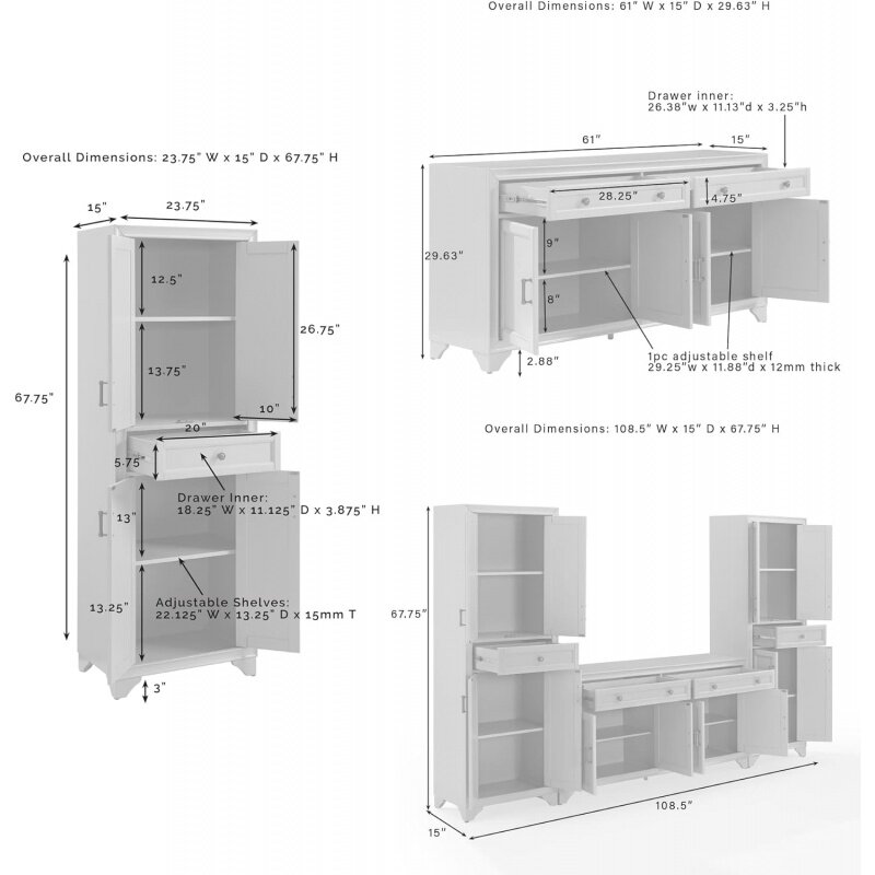Crosley Möbel Tara 3-teiliges Side board und Pantry-Set, verzweifelt grau