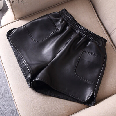 Tao Ting Li Na Genuine Sheep Leather Shorts Women New Loose A-Line High Waist Wide Leg Real Leather Shorts J30