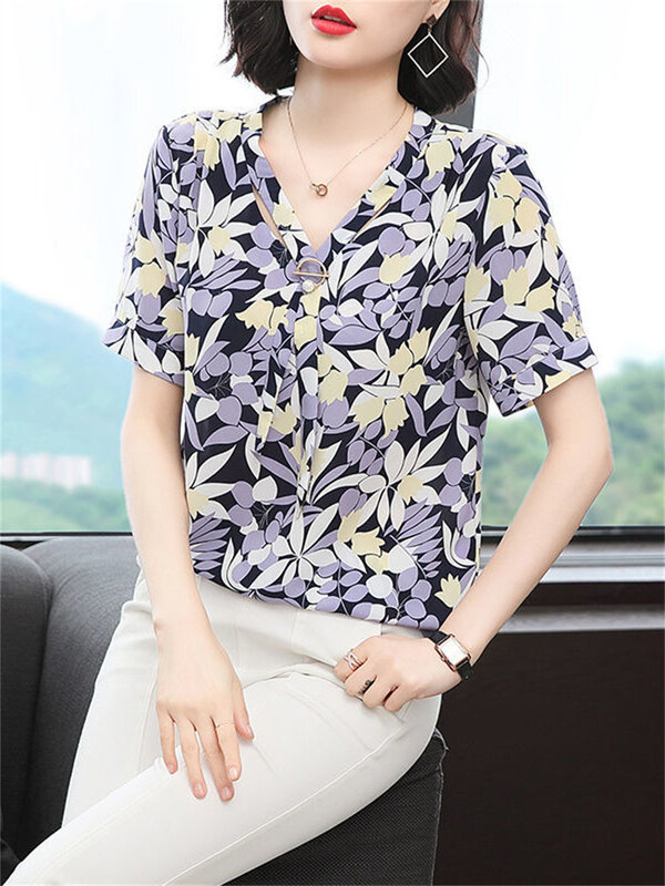 여성 봄 여름 블라우스 셔츠 레이디 패션 캐주얼 반소매 v 넥 칼라 리프 프린트 블라우스 탑스 WY0559