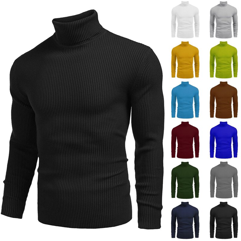 Autumn Winter Turtleneck Warm Fashion Solid Color Sweater Men'S Sweater Slim Pullover Men'S Knitted Sweater Bottoming T-Shirt