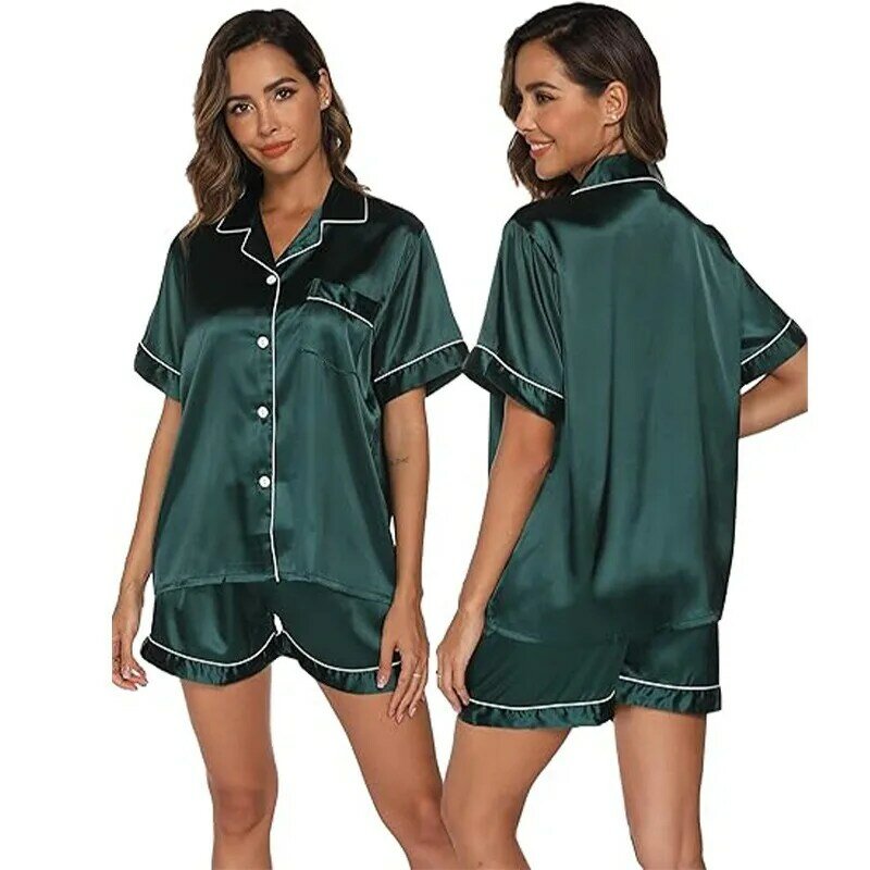 Ice Silk Pajamas Set Solid Color Women's Short Sleeved Satin Oversized Loungewear Summer Cool Latest Trendy Home Clothing Suit