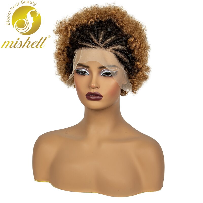 Afro Kinky Curly cabelo humano peruca com tranças para mulheres, transparente Lace Front, curto Bob perucas, 200% Densidade, 1BT30, 13x4, 6"