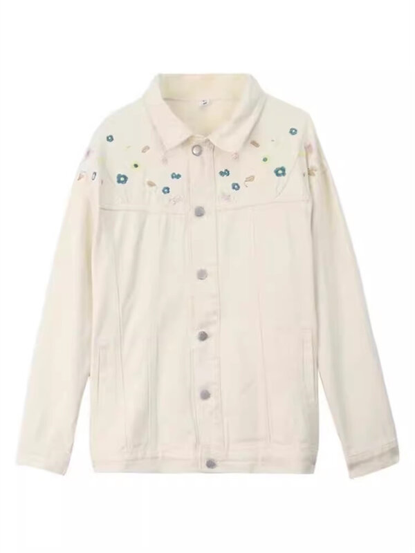 Женская джинсовая куртка с вышивкой, белая Свободная Повседневная винтажная куртка с воротником-стойкой, в Корейском стиле, весна