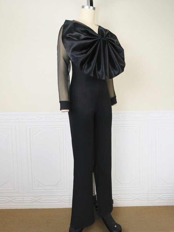 Женский комбинезон с бантом, черный комбинезон с длинным рукавом, прямые брюки в стиле ампир, модель 4XL