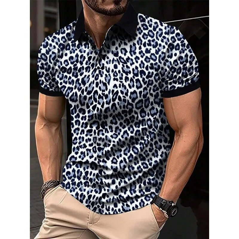 Camisa respirável de manga curta com estampa leopardo masculina, camiseta de lapela, blusa fina, moda casual, 3 cores