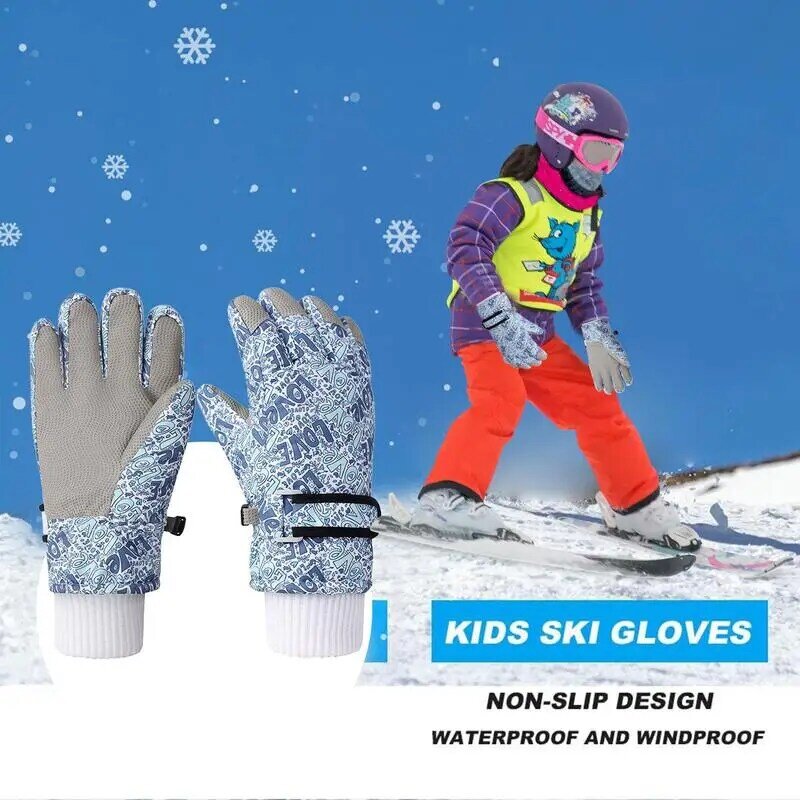 Luvas de neve acolchoadas infantis, luvas à prova de vento, inverno quente com forro polar, snowboard e esqui para Bo
