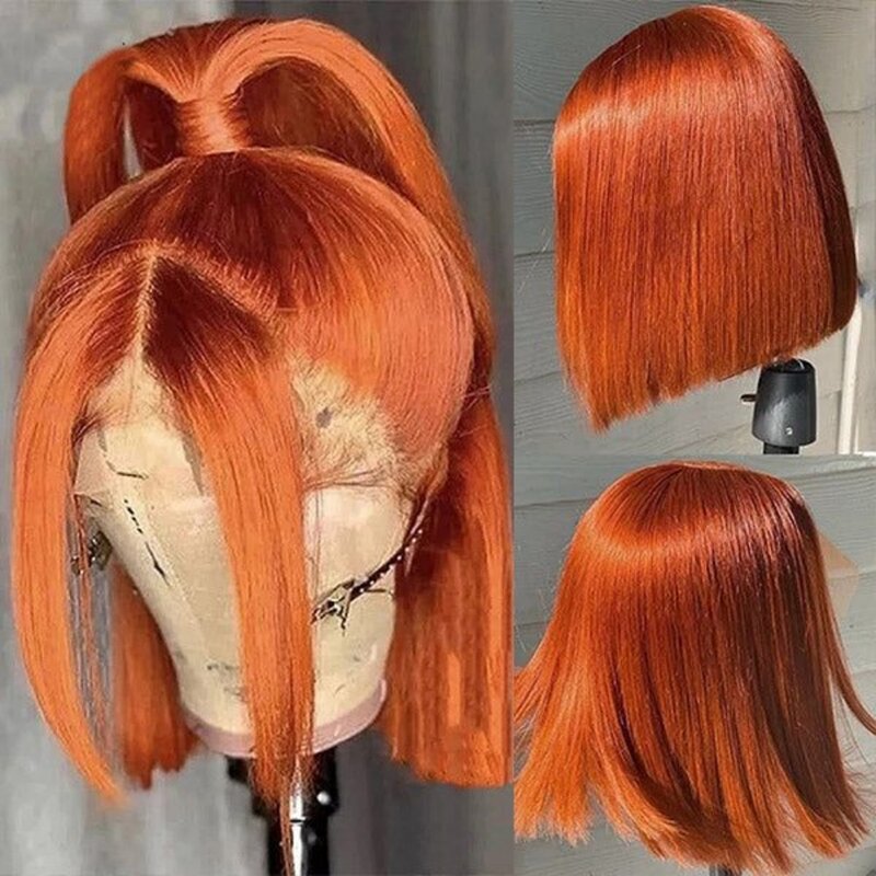 Pelucas de cabello humano con encaje Frontal, pelo Remy brasileño, color naranja jengibre, sin pegamento, 13x4, densidad de 150%, 10, 12, 14 y 16 pulgadas, prearrancado