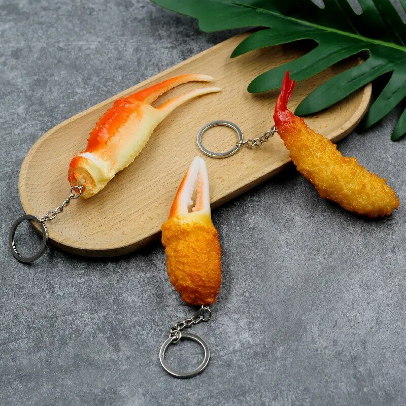 PVC Fun Simulation Food Keychain Creative Fried Crab Pliers Tempura Shrimp Personality Key Ring Buckle Bag Pendant Accessories