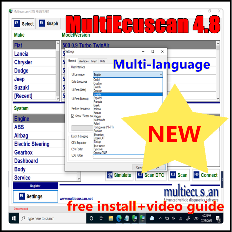 Outil de diagnostic Multiecuscan V4.8 enregistré pour Fiat, fusible, Dodge, Jeep, Suzuki, EAU, logiciel, travail avec ELM327, OBD II, nouveau
