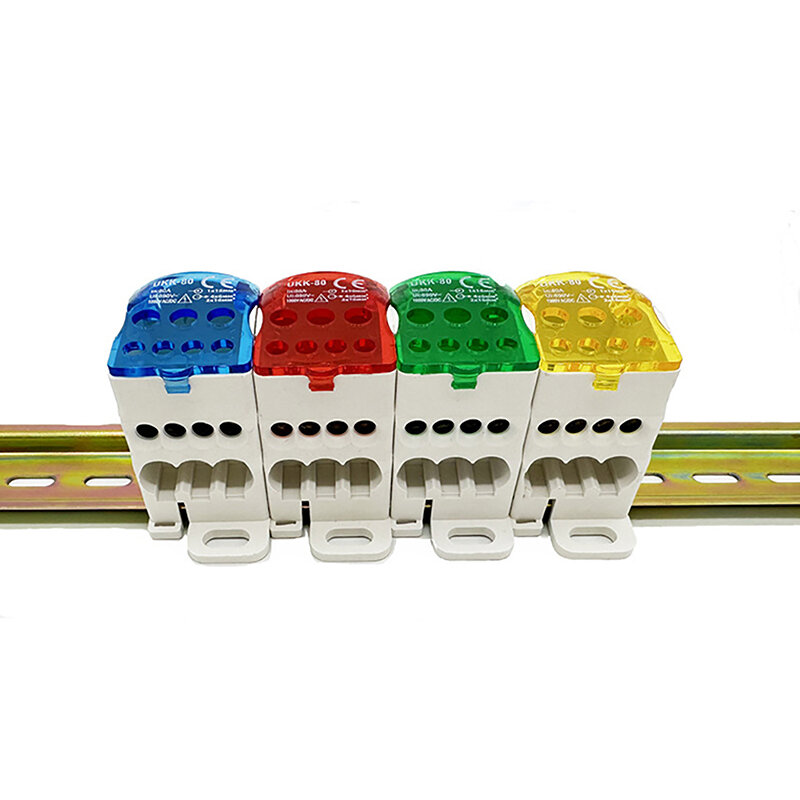 1Pc UKK 80A Terminal Block 1 In Many Out Din Rail Distribution Box Universal Electric Wire Connector Red Yellow Blue Green