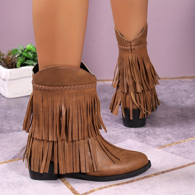 Women's V-shaped Tassel Boots Women Autumn and Winter New Fashion Round Head Thick Heel Short Boots Women's Ankle Boots 2024 New