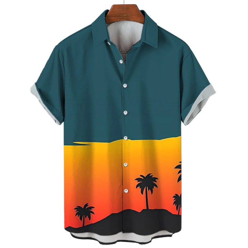 Летние мужские и женские рубашки с коротким рукавом пальма распечатывает лаппель на приморском пляже
