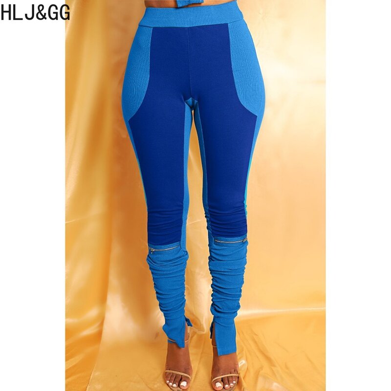 HLJ & GG-Calça feminina com fenda de fita, calça feminina com zíper de cintura alta, calça esportiva combinando, cor casual