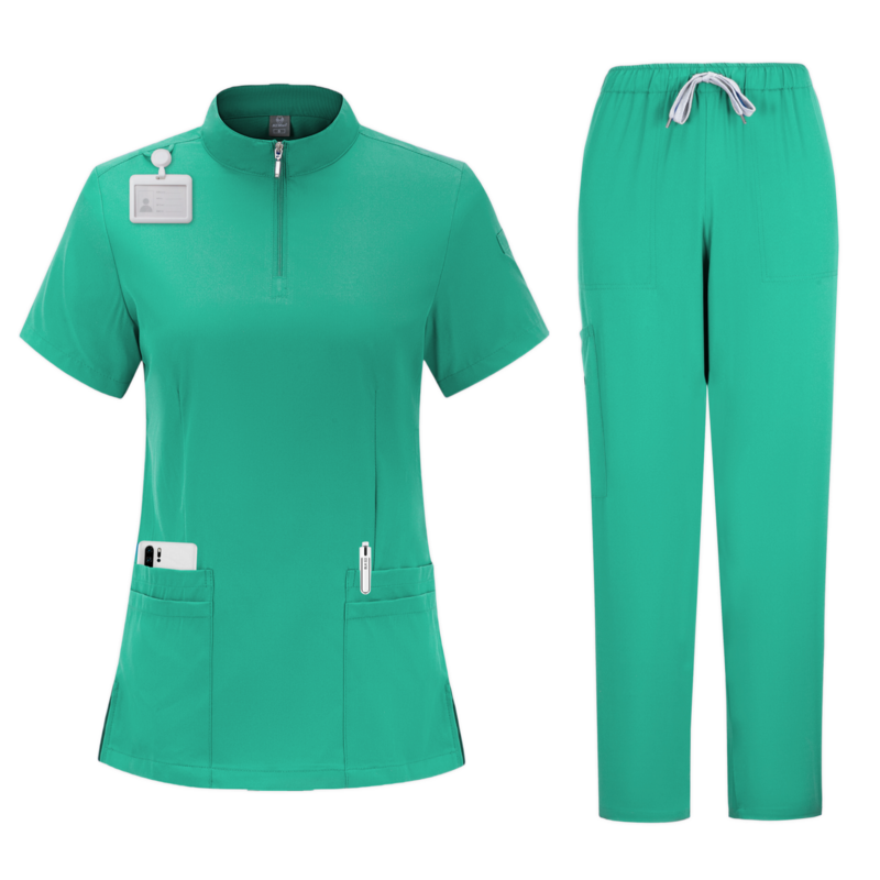 Uniforme de enfermera de manga corta con cuello de cremallera para mujer, Top exfoliante, 4 bolsillos, accesorios de enfermeras médicas, uniforme de médico de Hospital