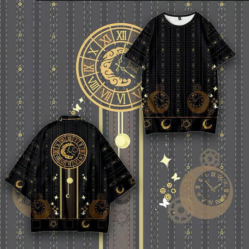 Moon Clock 3d 기모노 셔츠 패션 여름 남성 여성 7 점 소매 탑 캐주얼 하라주쿠 카디건 자켓, 스트리트웨어 플러스 사이즈