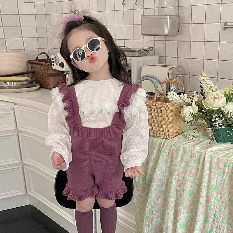 2024 Spring New Children Clothes Sets Long Sleeves Lace Collar Shirt Girls Knitted Suspenders Shorts 2pcs Overalls Jumpsuit
