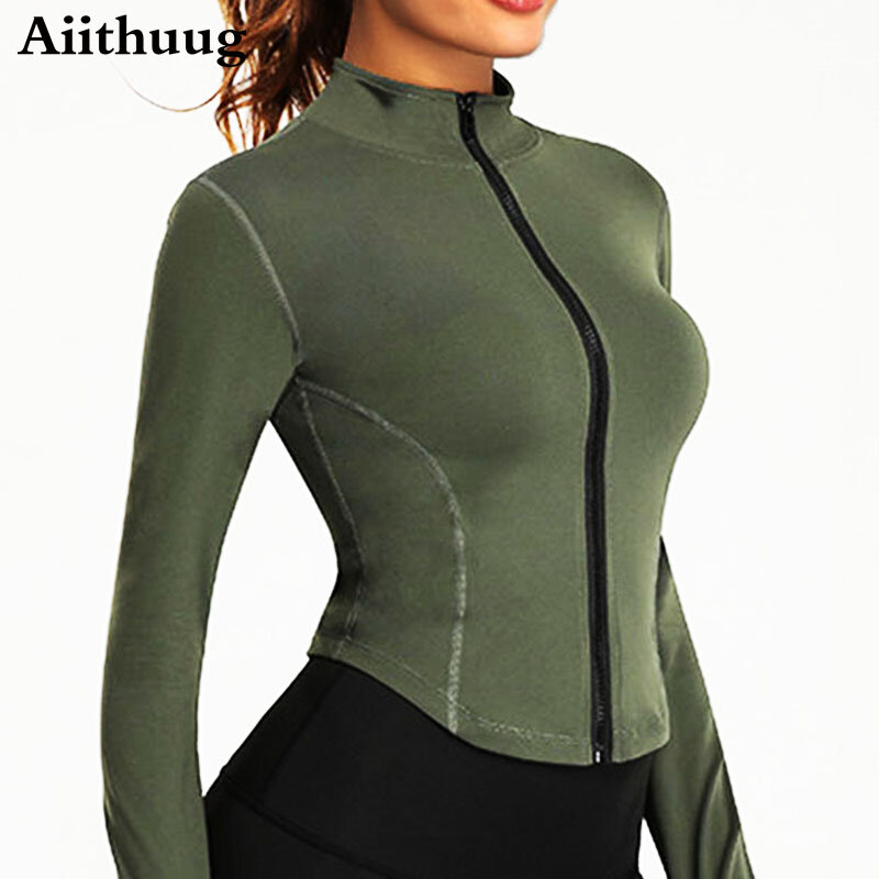 Aiithuug-Top de Yoga con cremallera completa para mujer, chaquetas de entrenamiento para correr con agujeros para el pulgar, Tops cortos elásticos ajustados de manga larga, ropa deportiva