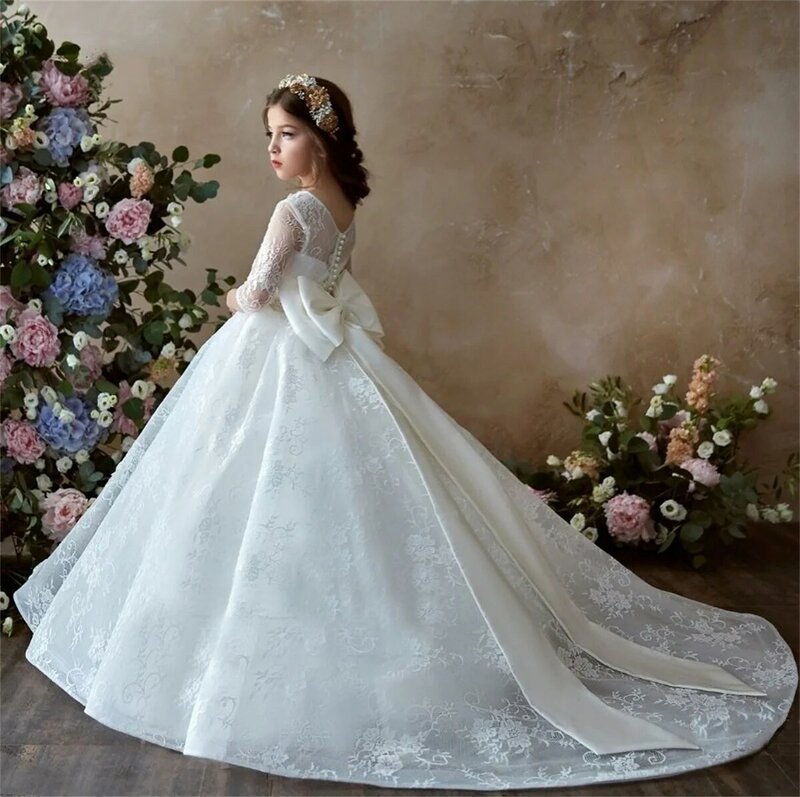 3D Floral Applique Flower Girl Dress For Wedding Tulle Fluffy Floor Length With Bow Children Eucharist Celebration Party Dress