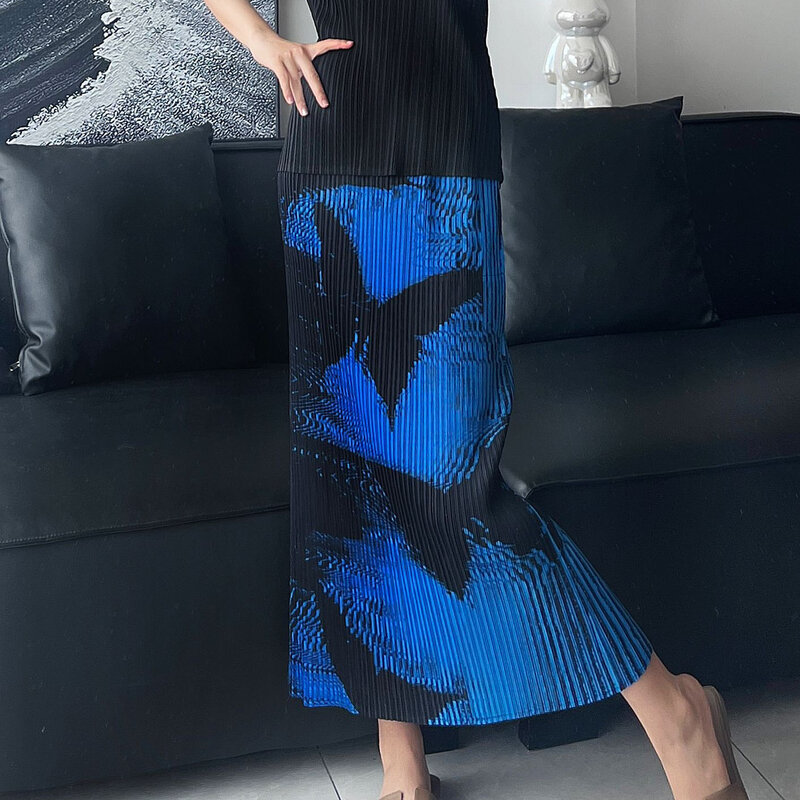 Miyake Pleated Casual Gradient Aesthetic Skirt Elastic Waist Original Butterfly Print Elegant Women's Half Skirt 2024 Summer New