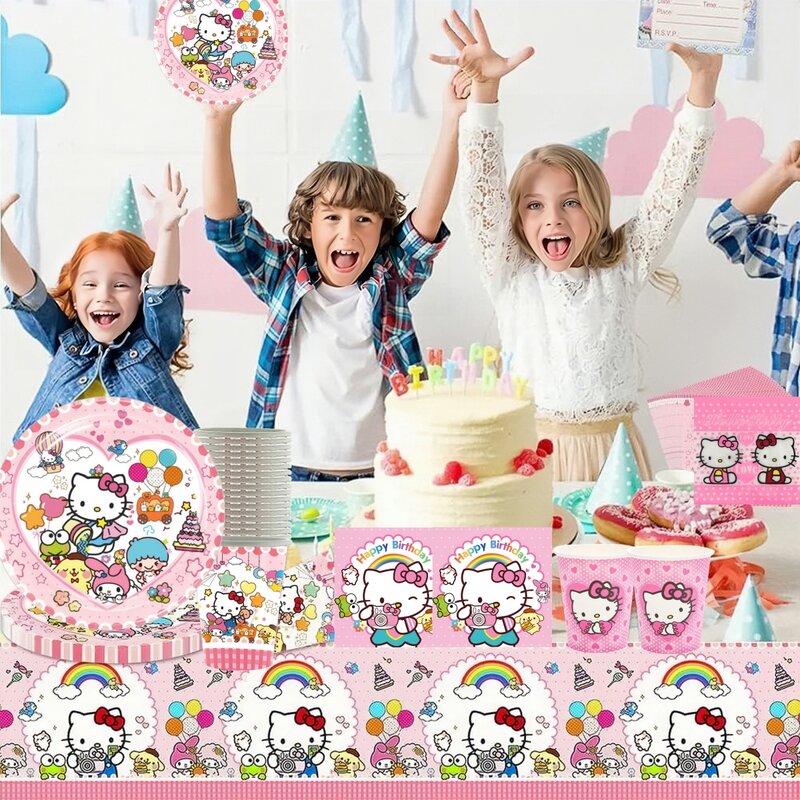 Hallo Kitty Geburtstags feier Dekoration Einweg geschirr Tasse Teller Tischdecke Serviette Luftballons Baby party Mädchen Party zubehör