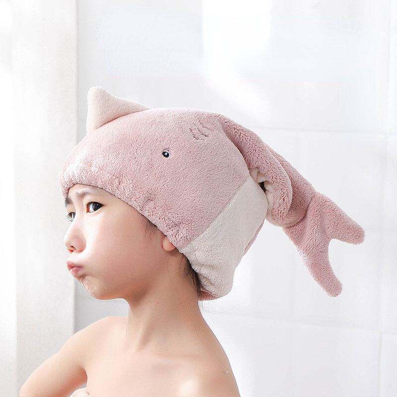 Touca de banho de microfibra macia para mulheres Touca de cabelo seco de tubarão Toalha de banho secagem rápida Turbante macio para criança Toalha de cabeça de menina