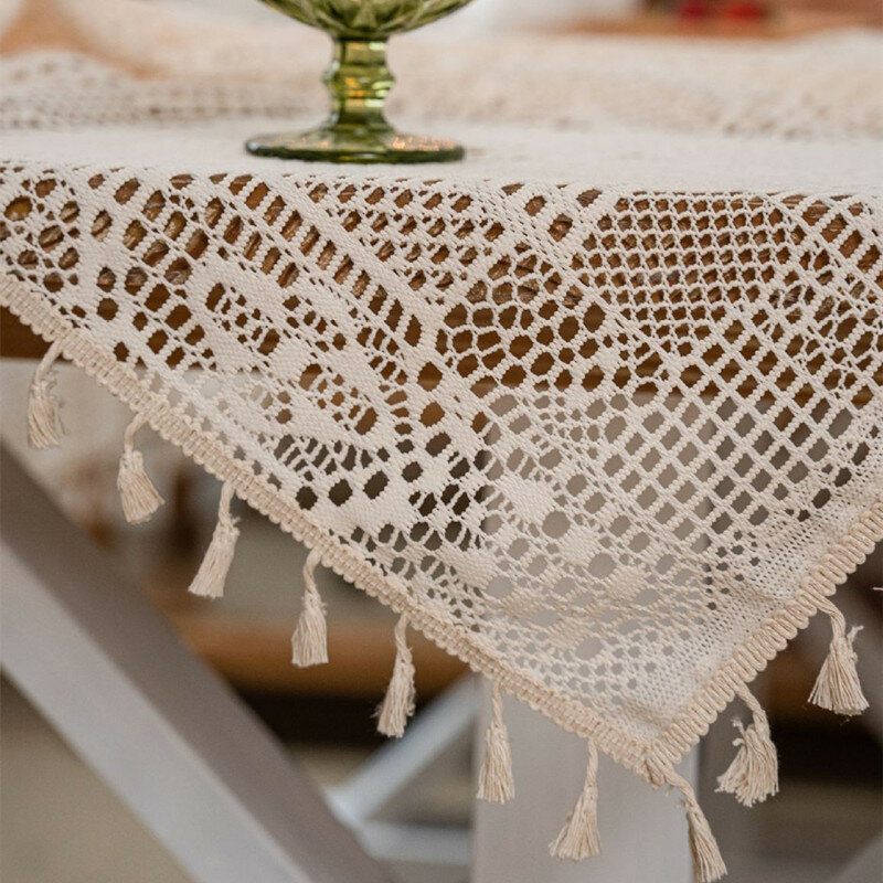 Europeu pastoral artesanal crochê frisado bege retangular toalha de mesa jantar sofá conjunto capa pano decoração do casamento natal