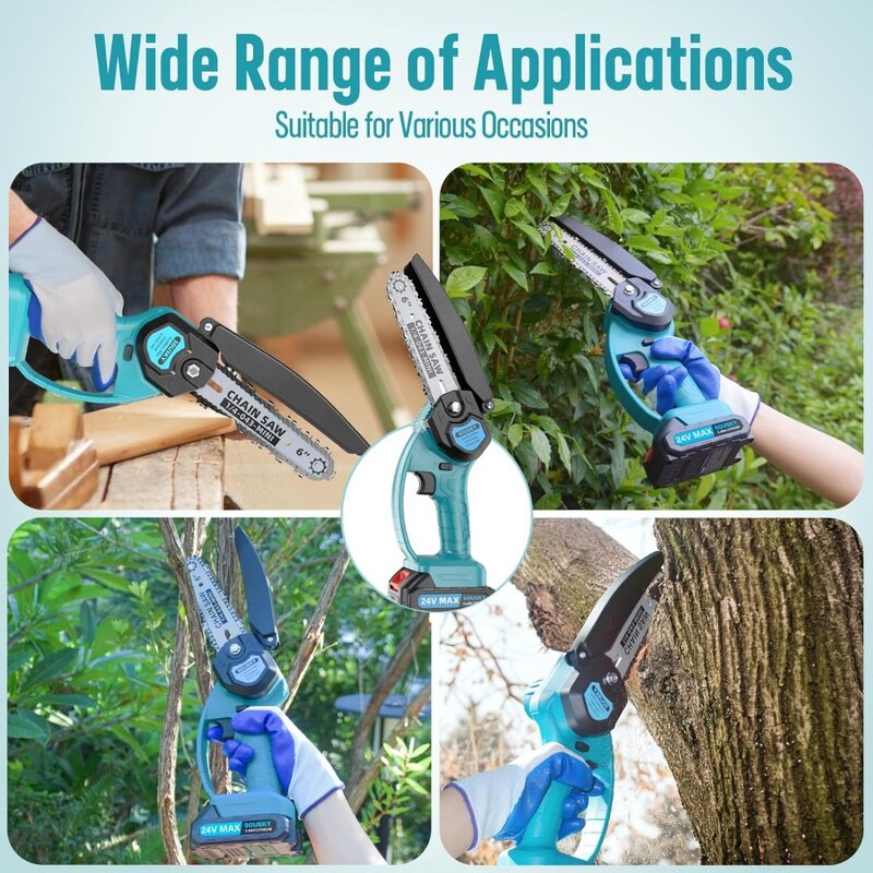 Portable 6-Inch Cordless Electric Chainsaw Kit with 2 Batteries and Safety Lock Lightweight Handheld Chainsaw Tree Trimming and