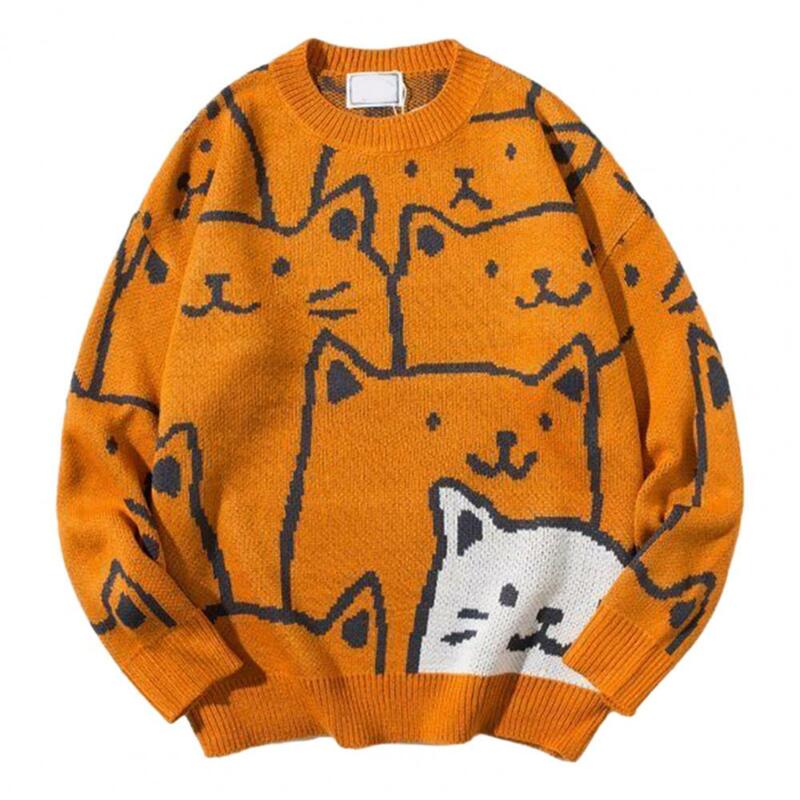 Prosty wszechstronny męski sweter lekki męski sweter japońskie Retro Harajuku kot kreskówkowy sweter z dzianiny oversize męska zima