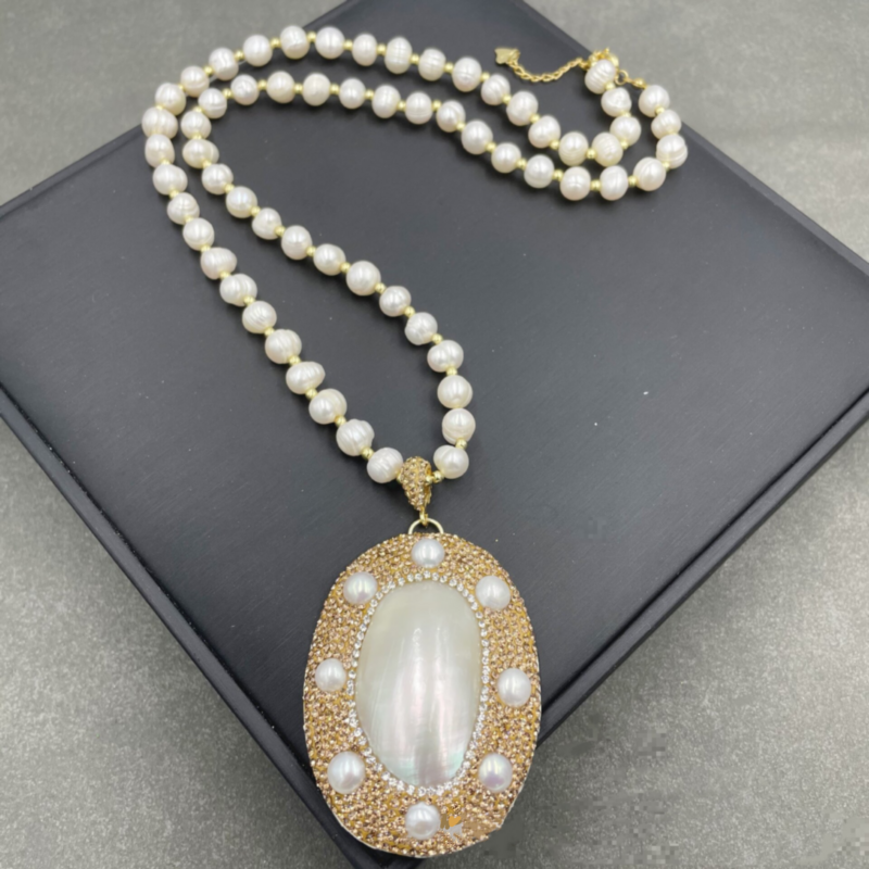 MVN053-collar de perlas naturales de agua dulce, collar de ostra de Damasco chapado en oro, accesorios de moda Retro de lujo, cadena para suéter, novedad de 2024