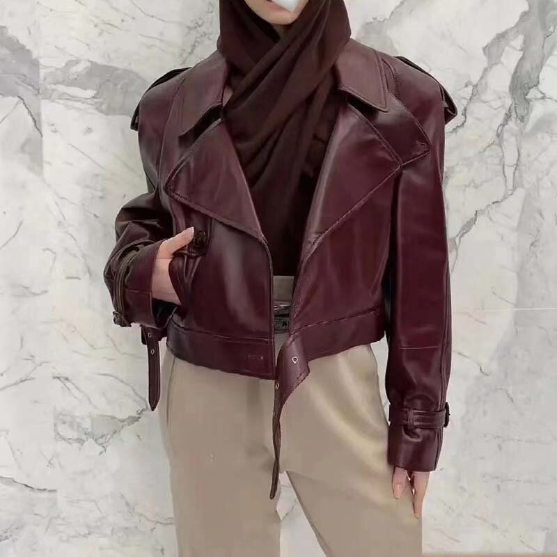 Women Coat Spring 2023 New Arrival Genuine Leather Jacket Turn-Down Collar Short Length Drop-Shoulder Sleeve Casual Style
