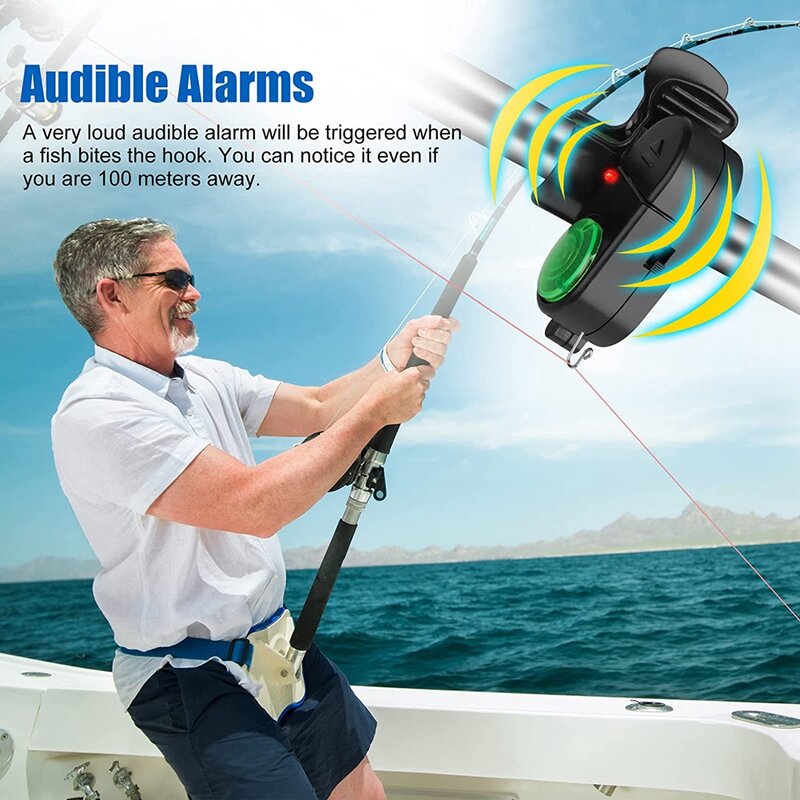 Alarma de mordida de pesca de 4 piezas, indicador de alarmas de pesca electrónico sensible, campana de alerta de mordida de sonido con luces LED