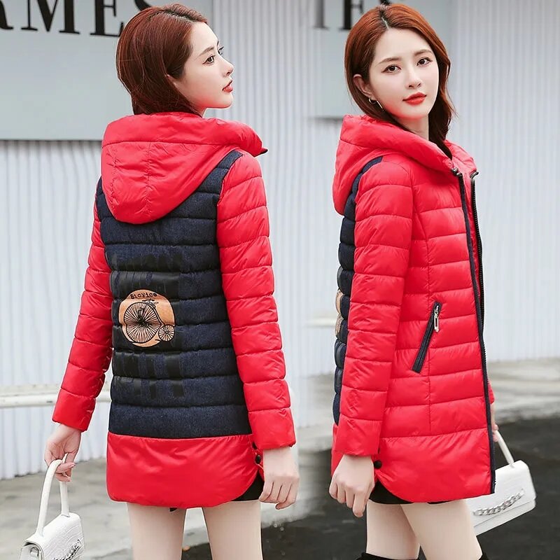 Новинка 2022, зимнее пуховое пальто из хлопка, Женская Корейская Модная приталенная Повседневная стеганая куртка, женские длинные теплые хлопковые куртки с капюшоном и принтом