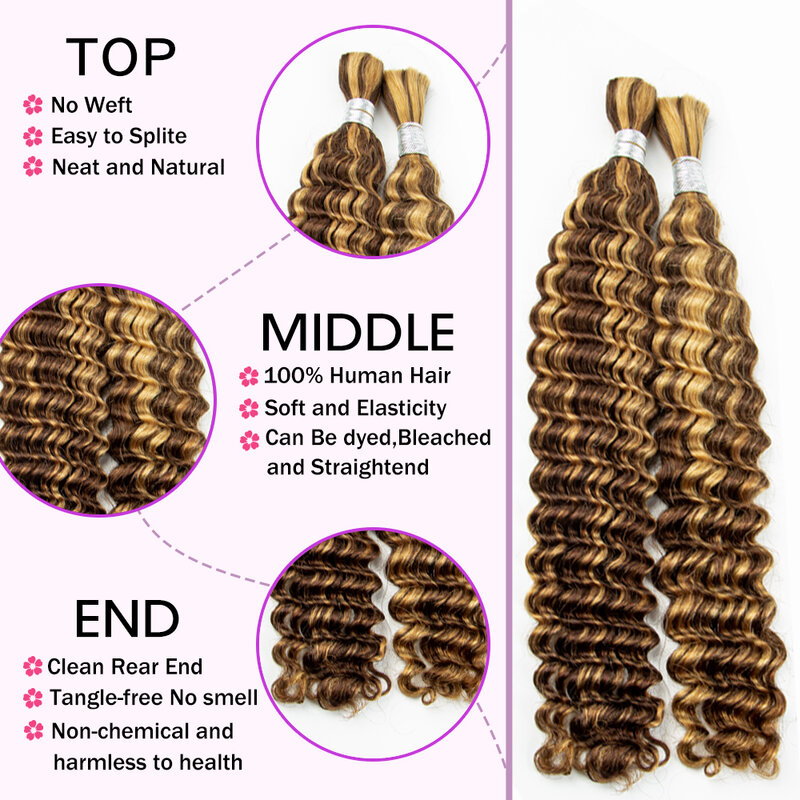 28 Inch Highlight Ombre Deep Wave Hair Bulk Brazilian No Weft 100% Human Hair Bundle for Boho Braids Extensions for Black Woman