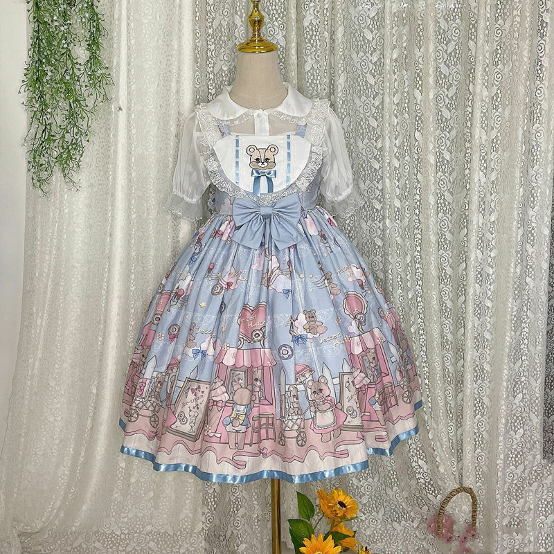 Lolita Cute Jsk Japanese Sweet Kawaii Soft Girl Party Dress Cartoon Printing Bow Suspender Lace Ruffles JSK Princess Dresses