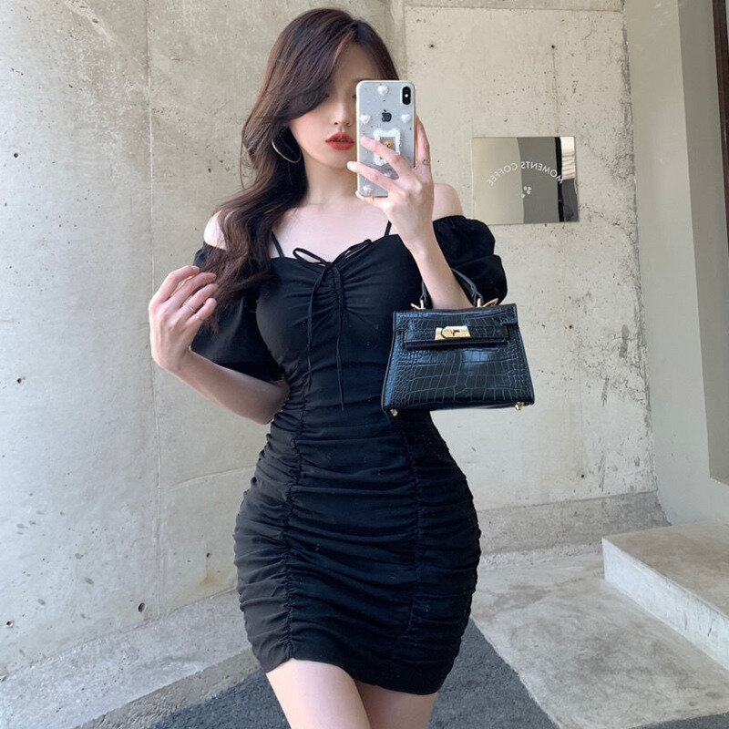 Drawstring Ruched Sexy Spaghetti Mini Dress Club Party Wear 2024 Hot Summer Puff Sleeves Soild Dresses Bodycon Women Clothes