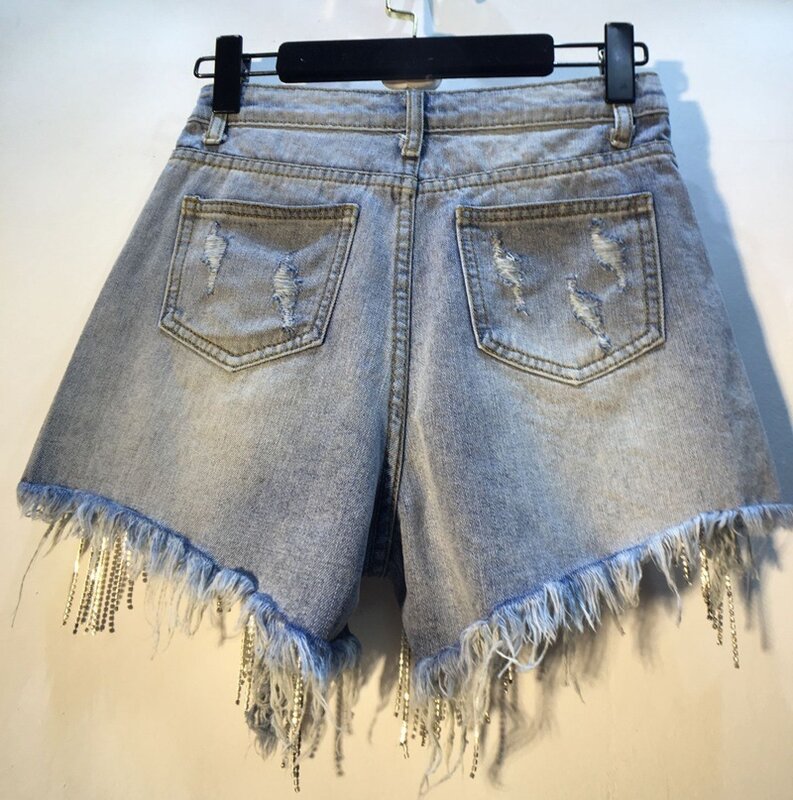 Jeans shorts für Frauen Strass Quaste Sommer heißes Mädchen Durchbruch hohe Taille Kette Slim Fit Straight Barrel sexy Mini-Hose