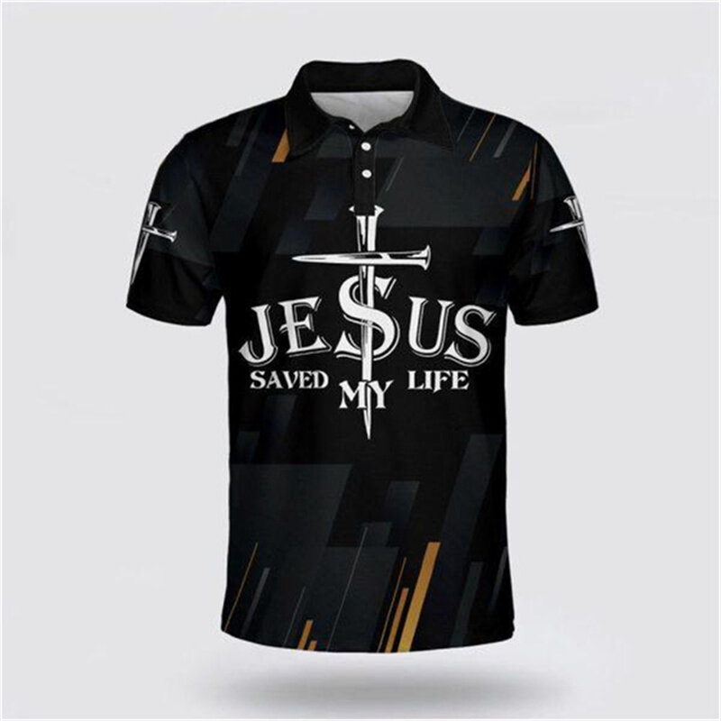 Men's 3D Printed Religion Jesus Cross Polo Shirt Leisure Vintage Short Sleeve Lapel Top Summer Man Streetwear Oversized Pullover