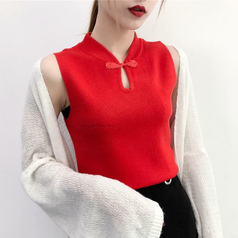 Chinese Style Sleeveless Tang Suit Qipao Tops Women Casual Loose Blouse Retro Tang Shirt Cheongsam Mandarin Collar Pullover P1