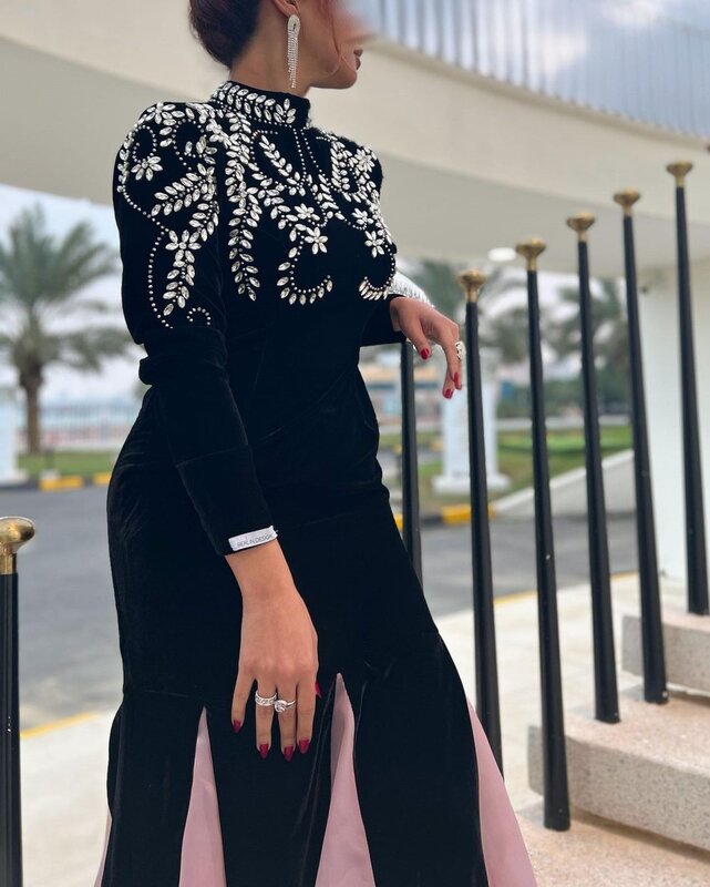Jirocum Black Mermaid Prom Dress Women's Rhinestone Party Evening Gown High Neck Long Sleeve Saudi Arabia Special Occasion Gowns