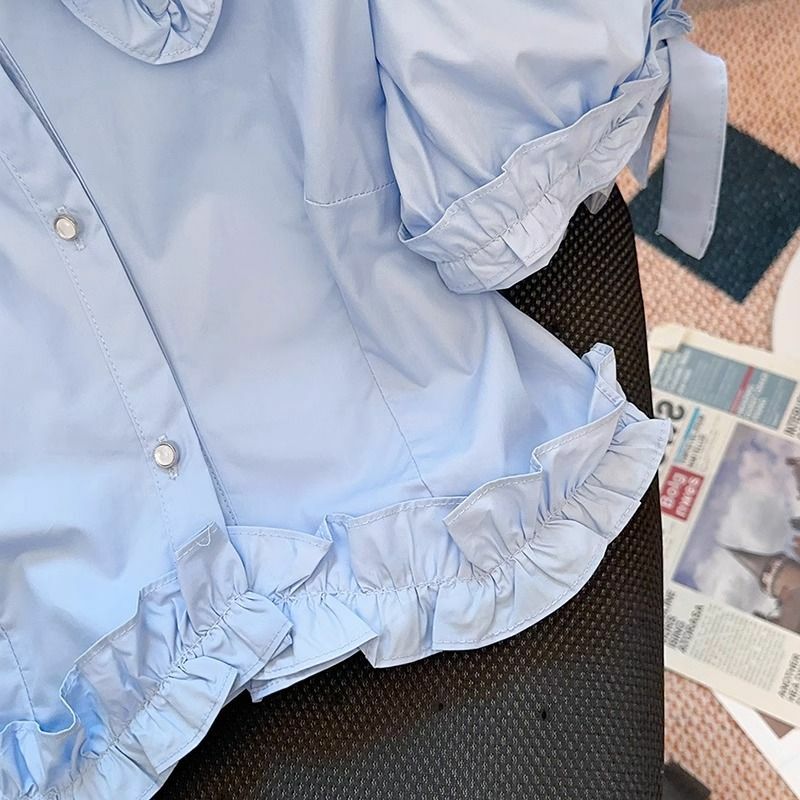 여성용 피터팬 칼라 셔츠 및 블라우스, 반팔 상의, 2000 년대 프릴 셔츠, 한국 스타일, 청소년 블라우스, 2024 신상