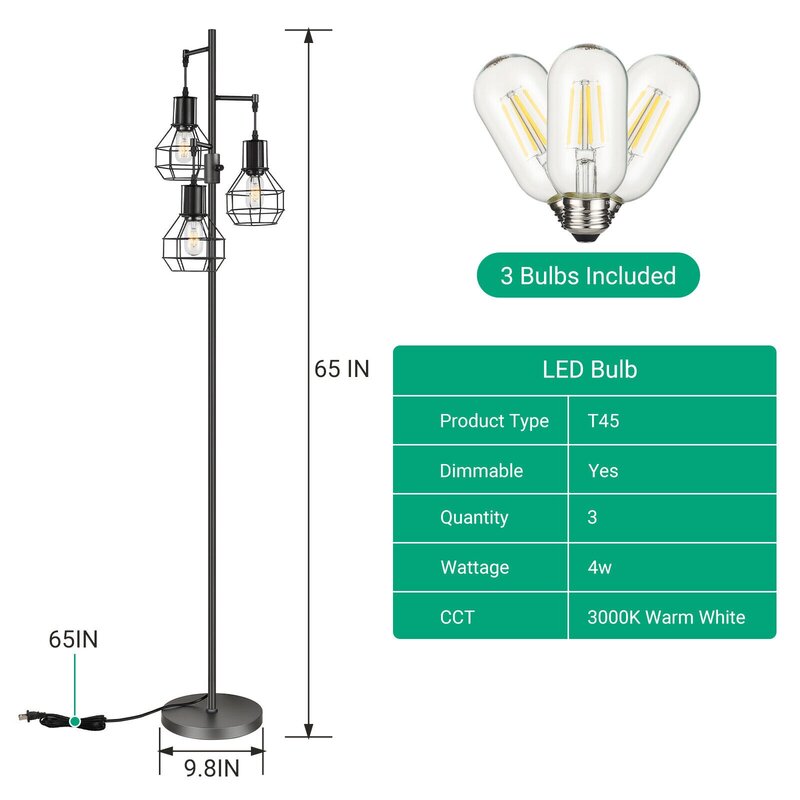 EDISHINE-Lampadaire industriel à intensité variable, lampadaire arbre avec 3 ampoules LED