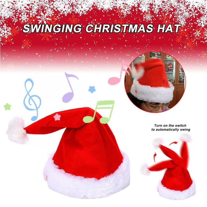 Topi Natal bernyanyi dan menari mainan topi Santa lucu elektrik dengan Aksesori kostum musik Natal untuk pertunjukan G8V0