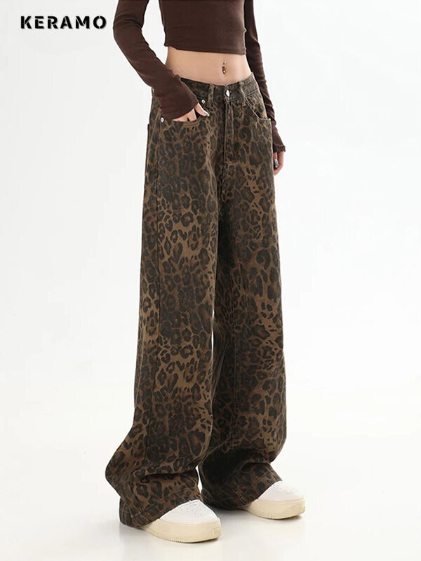 Женские винтажные джинсы с леопардовым принтом, простые повседневные свободные брюки оверсайз с широкими штанинами, уличная одежда в стиле хип-хоп, весна-осень 2024
