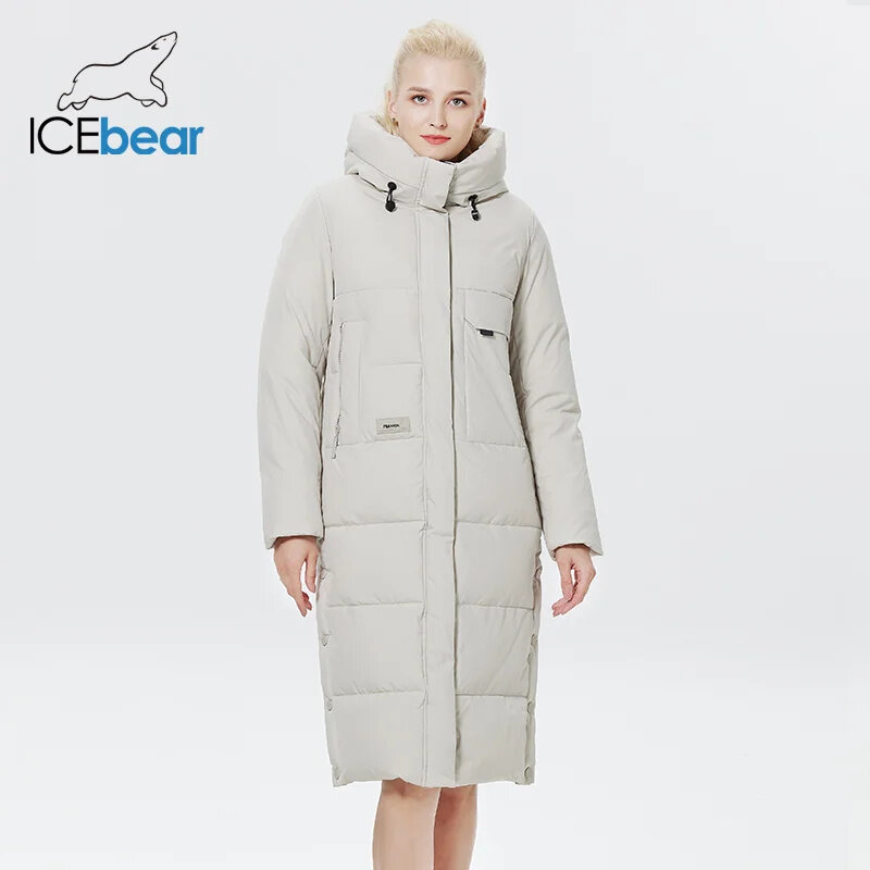 Icebear-女性の冬のアウター,超ロング,暖かい,防風,ジッパー付き,コットンコート,gwd22598i,2023