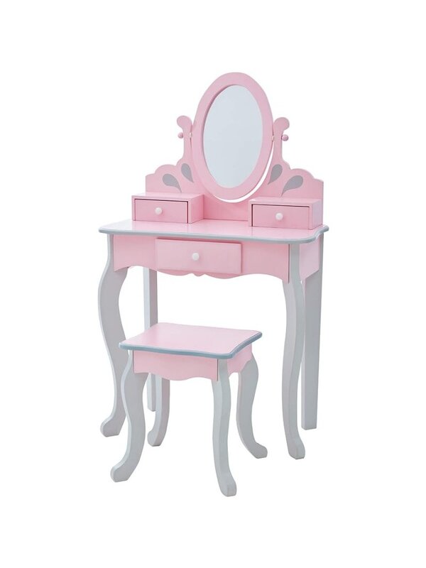 Prinzessin Rapunzel Holz 2-pc.Play Vanity Set mit drei Schubladen, rotierenden ovalen Spiegel und passenden Hocker zum Anziehen spielen